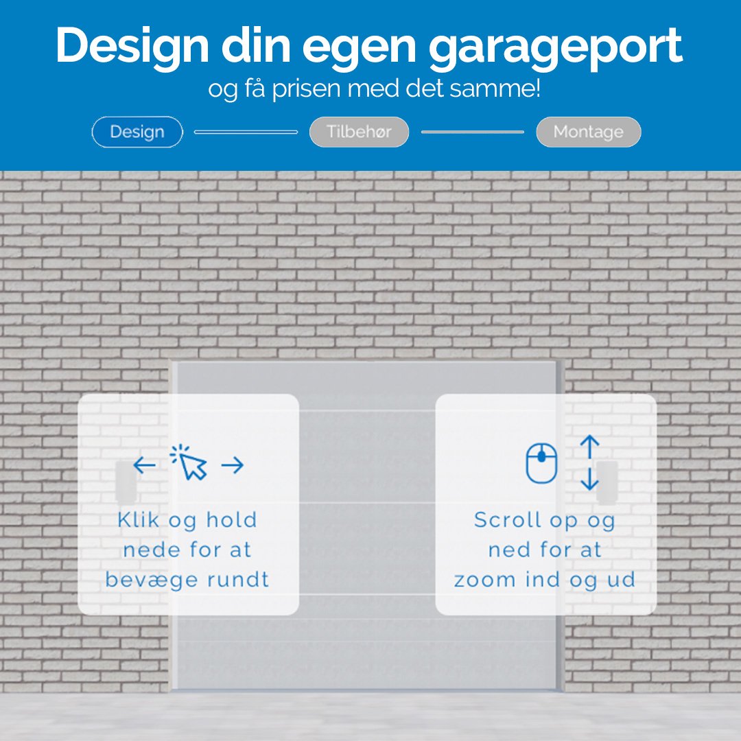 Design din garageport med Lindab Port Designer-værktøj: valg af farve, struktur og størrelse. 3D-visning både ude- og indefra.
