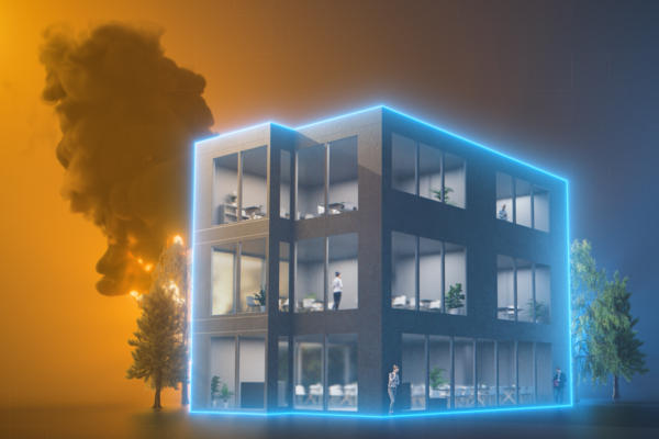 Lindab Protect concept image a;Blue color around the building symbolize that the building is Lindab protected a;Building a;Prevent fire and smoke a;Steering system a;Fire System PRO
